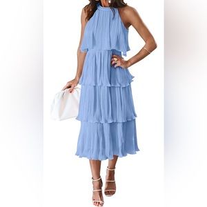 Blue Halter Neck Pleated Midi Dress